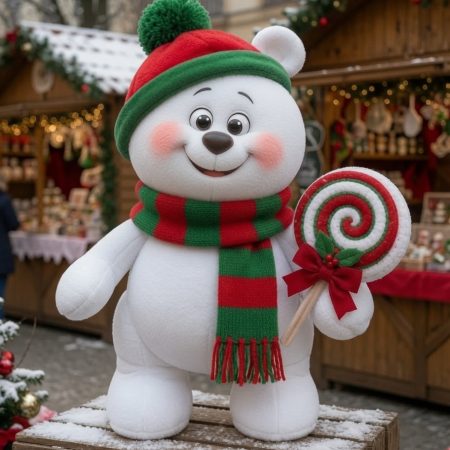 Christmas Polar Bear with Candy Lollipop Statue