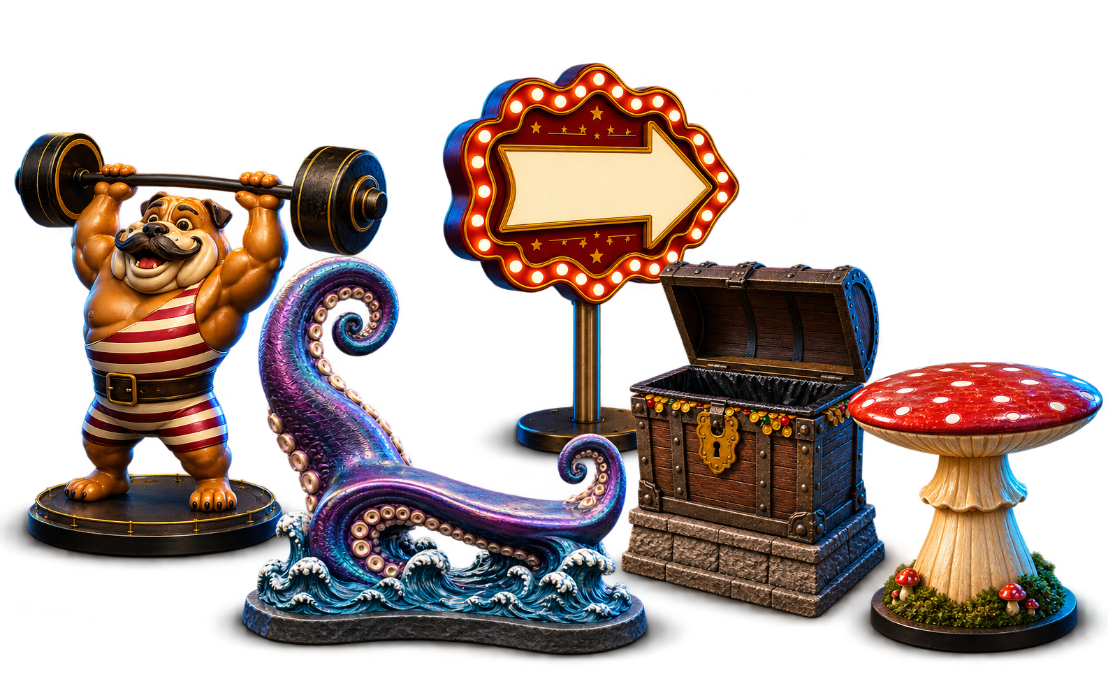 A line-up of JRLab pieces: strongman bulldog statue, kraken tentacle bench, illuminated carnival arrow sign, treasure chest bin and toadstool table set