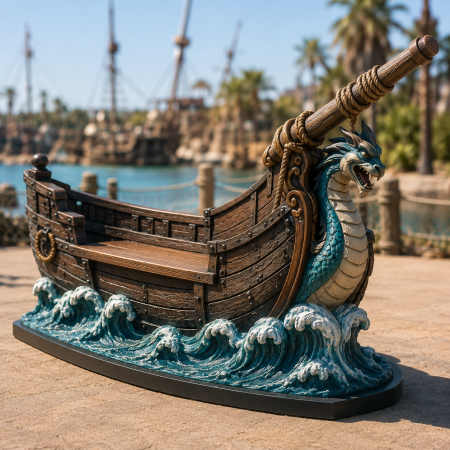 Panchina a forma di nave pirata con polena a forma di drago marino.
